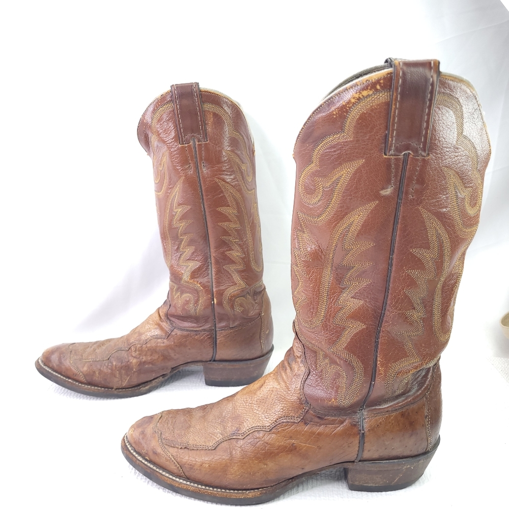 Justin Western Boots Ostrich Quill Snake Brown Leather Pull On Cowboy Shoes 8.5D